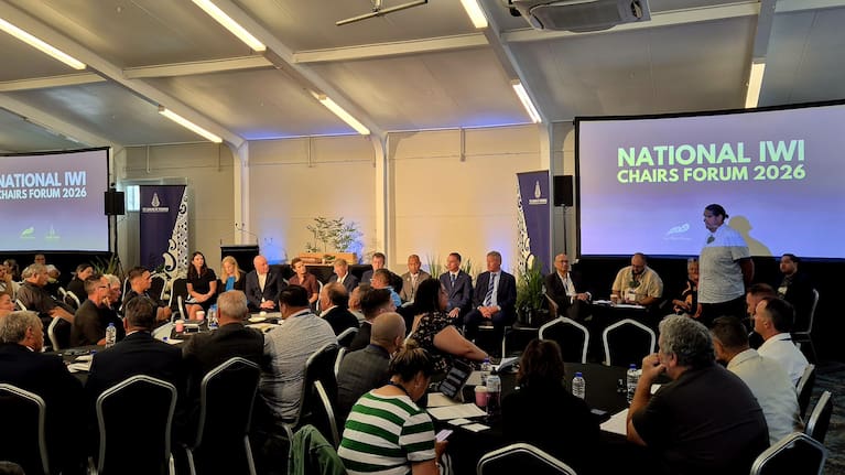 Aperahama Edwards, far right, speaks as Prime Minister Christopher Luxon, seated third from left, looks on.