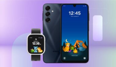 A black phone showing the front and back and a smartwatch.