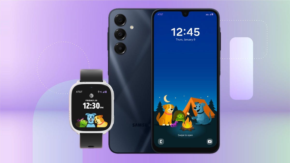 A black phone showing the front and back and a smartwatch.