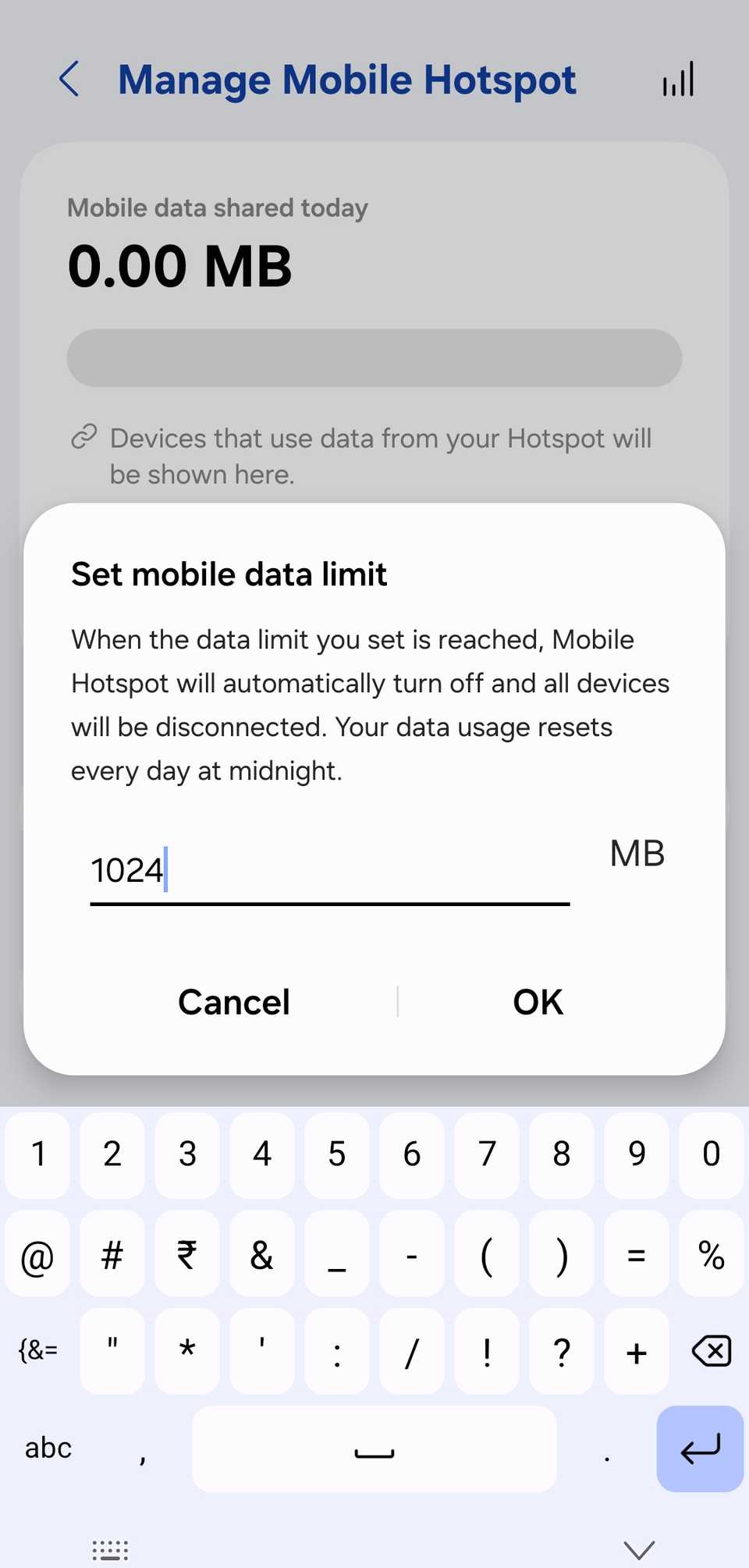 set data limit in hotspot menu