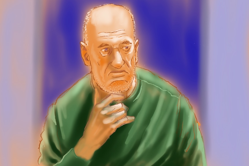 A man with stubble and a green jumper in a court sketch. 