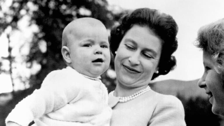 Baby Andrew with his proud mother, Queen Elizabeth, and sister Princess Anne. 