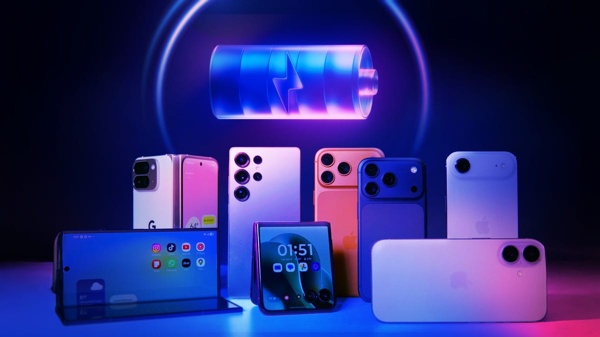 A group of phone bathed in purple light beneath a glowing oversized battery icon