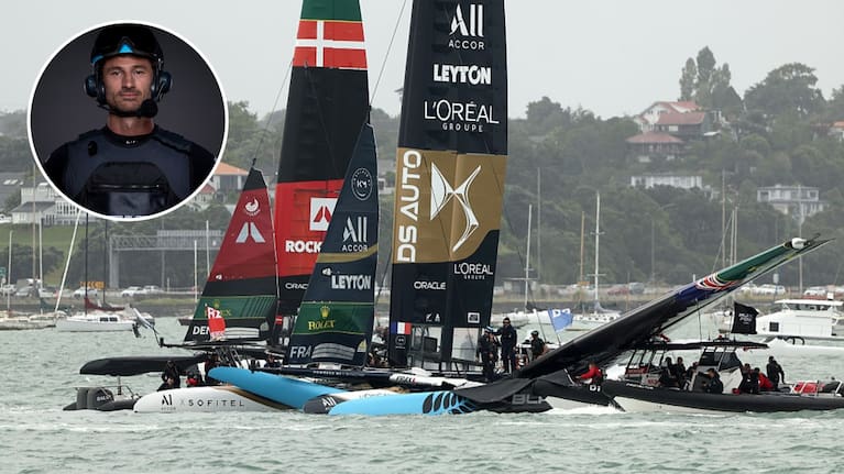 Black Foils grinder Louis Sinclair was hospitalised and being treated for compound fractures in both legs following a crash during SailGP Auckland yesterday. (Source: Getty/Black Foils)