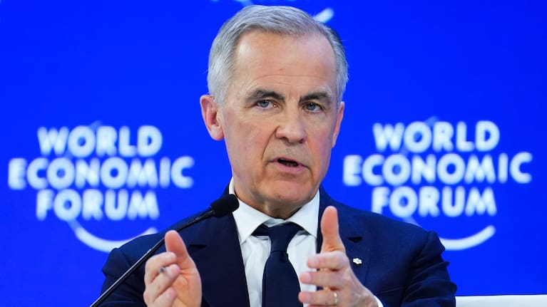 Canada Prime Minister Mark Carney delivers a speech at the World Economic Forum in Davos, Switzerland on Tuesday, January 20, 2026.