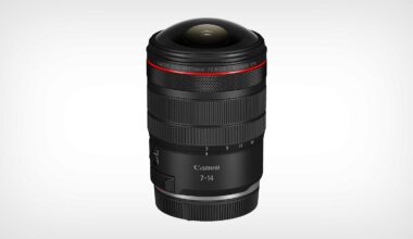 A Canon RF 7-14mm camera lens with a wide, rounded glass front element, black body, red ring near the top, and white text displaying focal length and brand, against a plain light background.