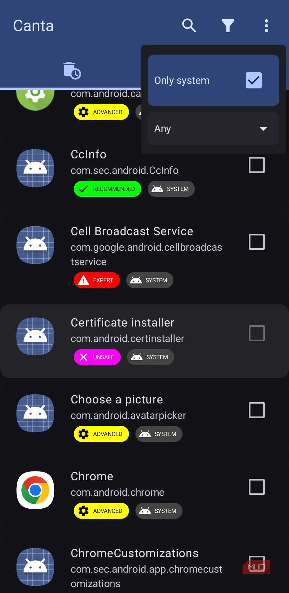 Canta app show system menu on Android phone