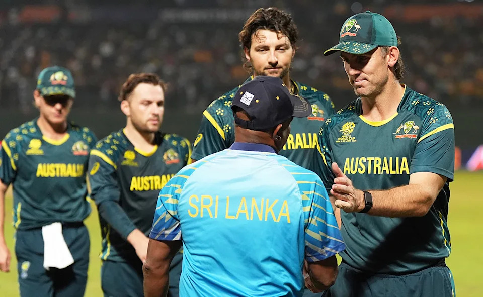 Mitch Marsh and Aussie teammates, pictured here after their loss to Sri Lanka at the T20 World Cup.