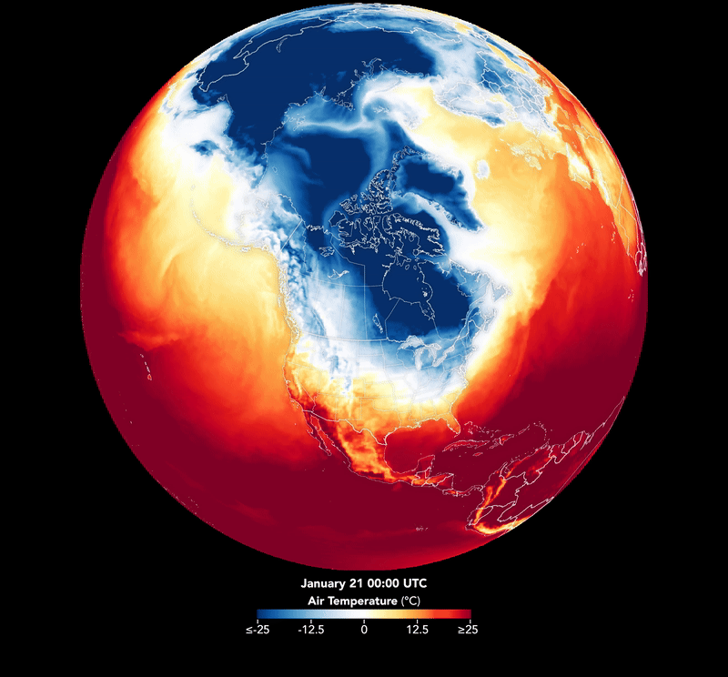 A heat map of the Earth's northern hemisphere, with a dark blue shape over the US showing a severe winter storm