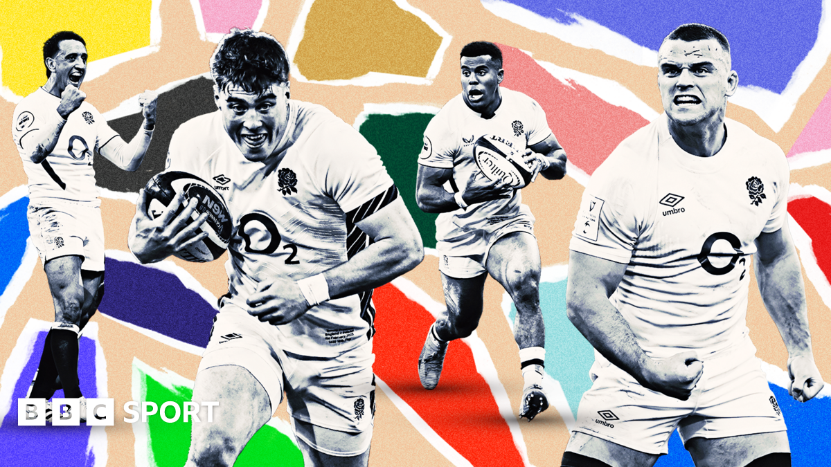 This image features players from the England national rugby union team - Alex Mitchell, Tommy Freeman, Immanuel Feyi-Waboso and Ben Earl