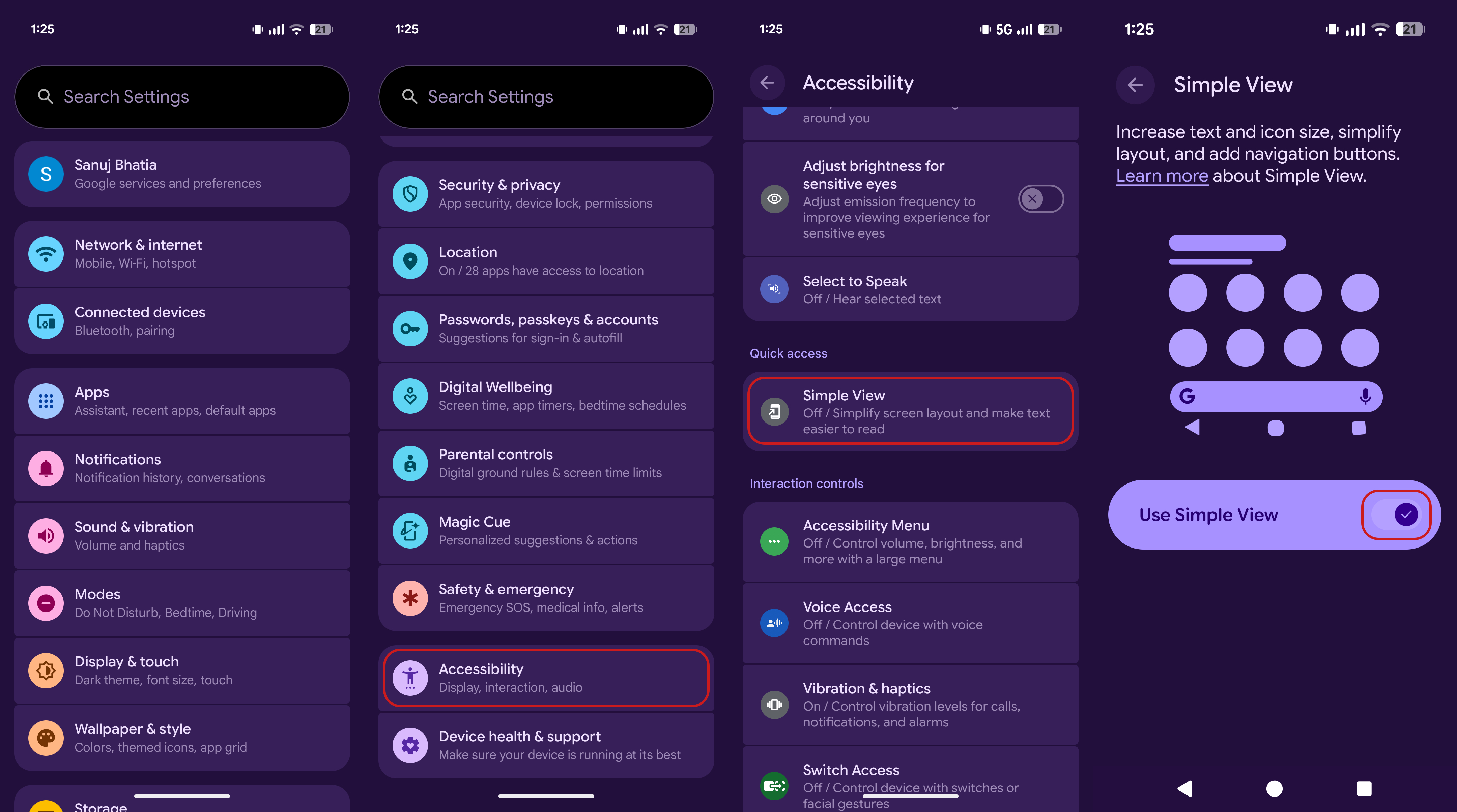 Steps to enable Simple View on a Google Pixel phone