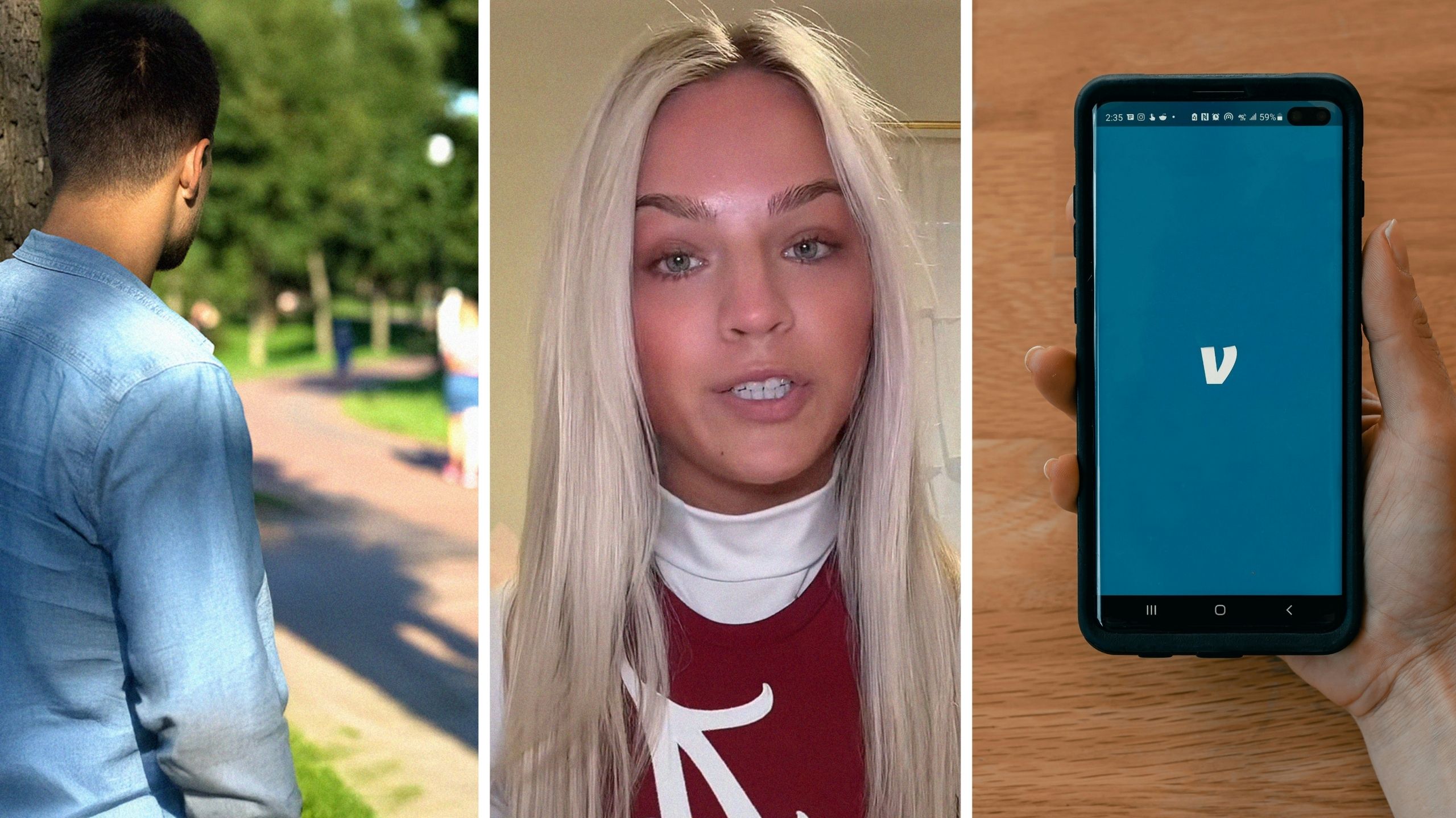 man spying on woman (l) woman shares creepy guy experience (c) Venmo app (r)