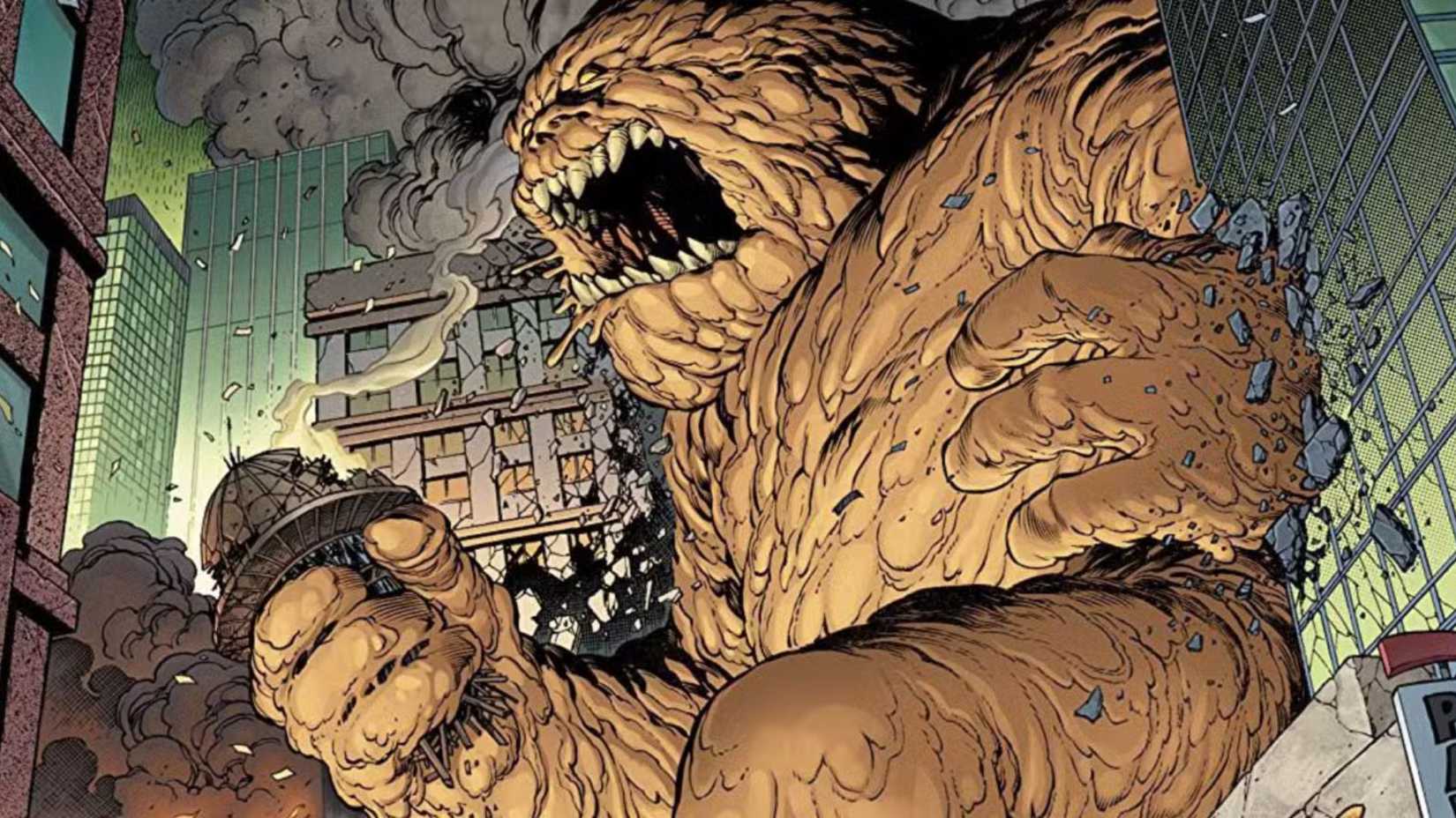 Clayface from DC Comics bursting through buildings.