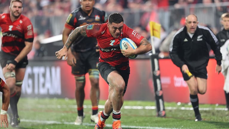 Codie Taylor on his way to a try for the Crusaders in last year's Super Rugby final victory over the Chiefs in Christchurch.