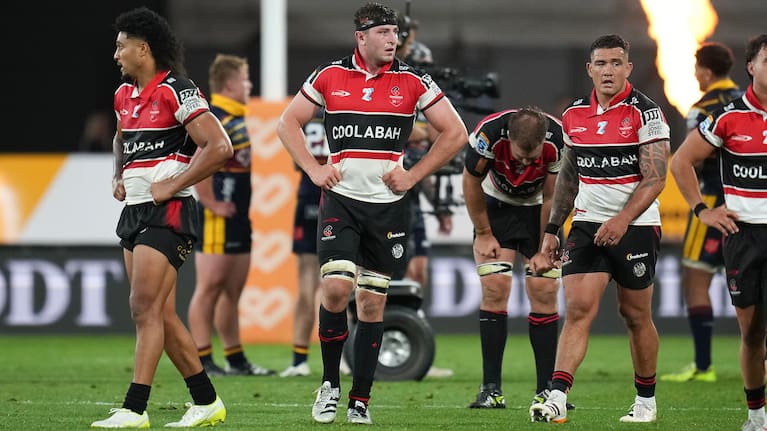 Crusaders Leicester Fainga'anuku (L) with team mates Dom Gardiner (C and Codie Taylor (R stand dejected after their loss during the Super Rugby Pacific - Highlanders v Crusaders at Forsyth Barr Stadium, Dunedin on the 13 February 2026.