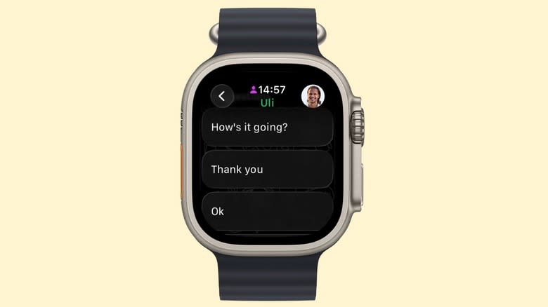 Apple Watch Ultra 2 displaying automatic messages on WhatsApp app