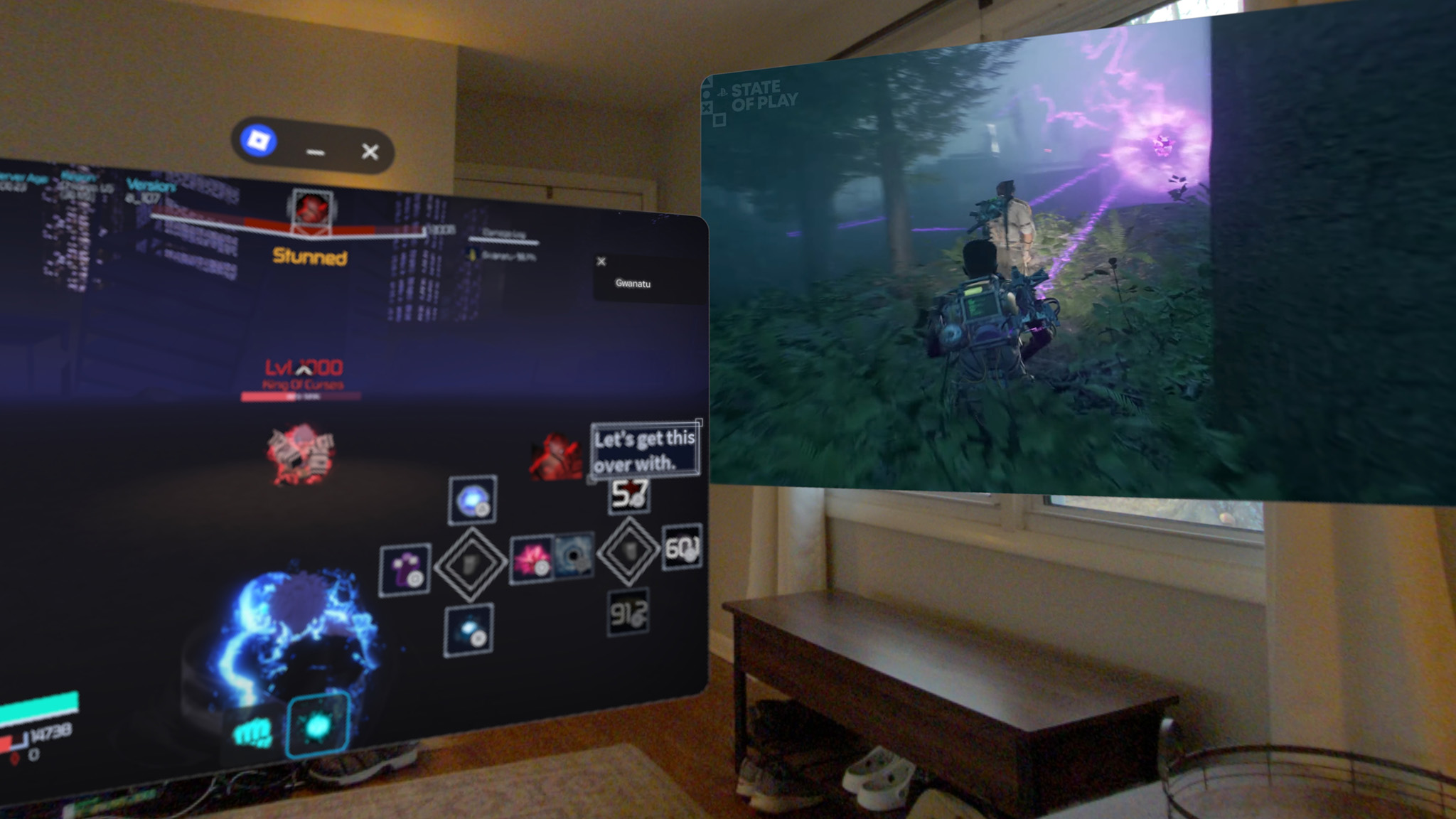 Running Roblox and YouTube side by side in Android XR's infinite canvas on a Samsung Galaxy XR
