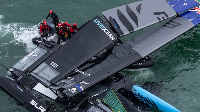 Damage to the Black Foils boat Amokura following the collision.