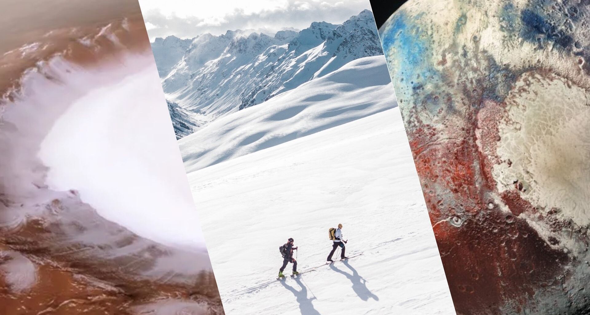 three panel image on the left is a white crater in the middle is two people skiing in snowy mountains and on the right is a close up of pluto with colored surface red, blue and white.