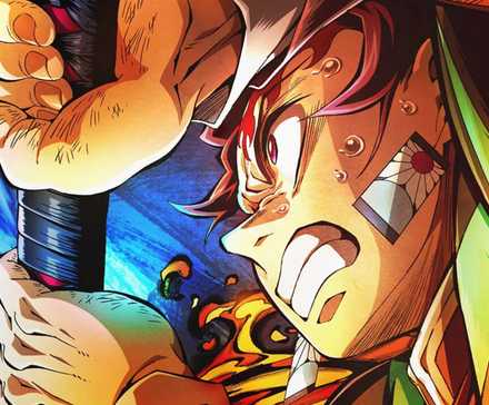 Demon Slayer: Infinity Castle's Tanjiro gritting his teeth and holding his sword up.