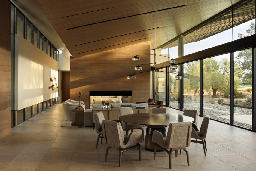 Interior of a home in Arizona with rammed-earth walls