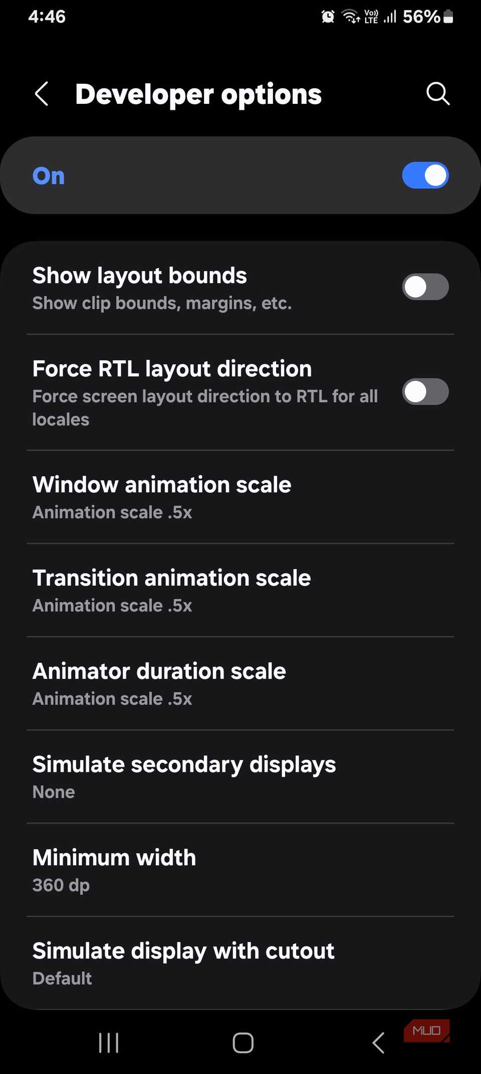 Developer options screen with animation scales changed to 0.5x