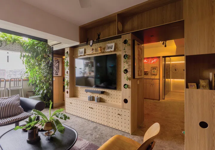 TV console in architect interior designer Winston Lim (of Winstudio)’s 3-room HDB in Pasir Ris.