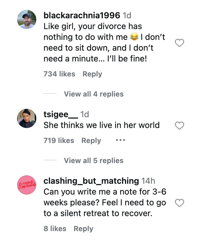 Social media post comments with humor and sarcasm. Topics include divorce and needing recovery time for a retreat