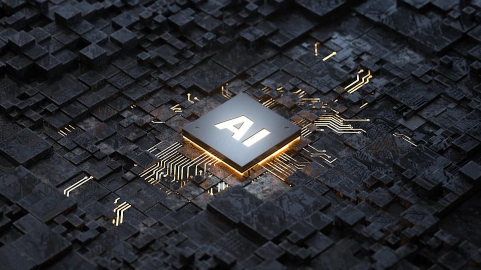 A circuit board with a chip in the middle labeled AI.