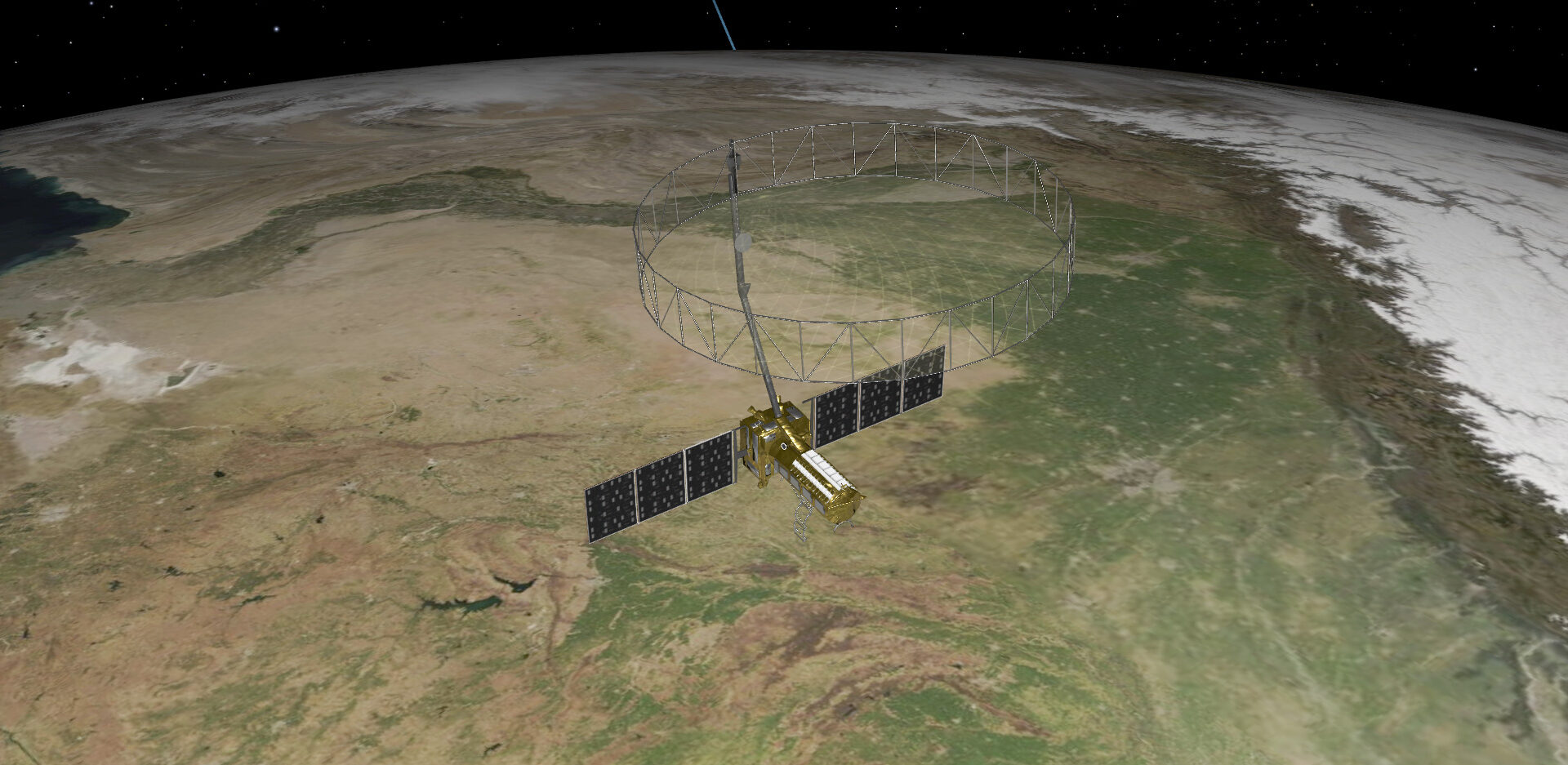 A 3D rendering of a satellite with solar panels and a wire mesh antenna orbiting Earth. The Earth is textured with continents and oceans. The satellite is in the foreground against a dark background with stars.