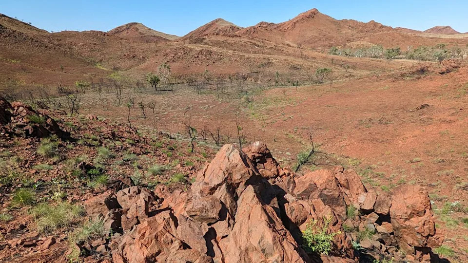A landscape with reddish rocks. Mountains are seen in the background and there is sparse vegetation.
