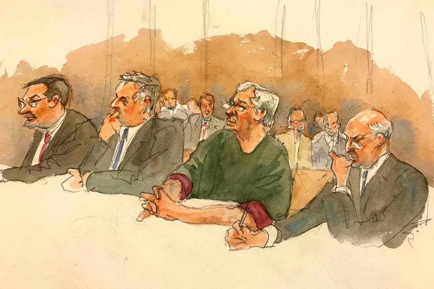 A watercolour sketch of Jeffrey Epstein in court 