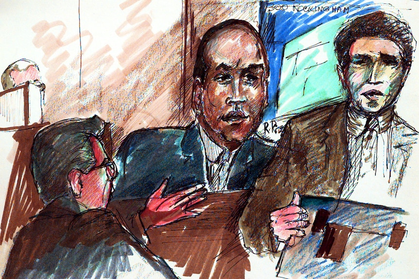 A sketch of OJ Simpson in court. 