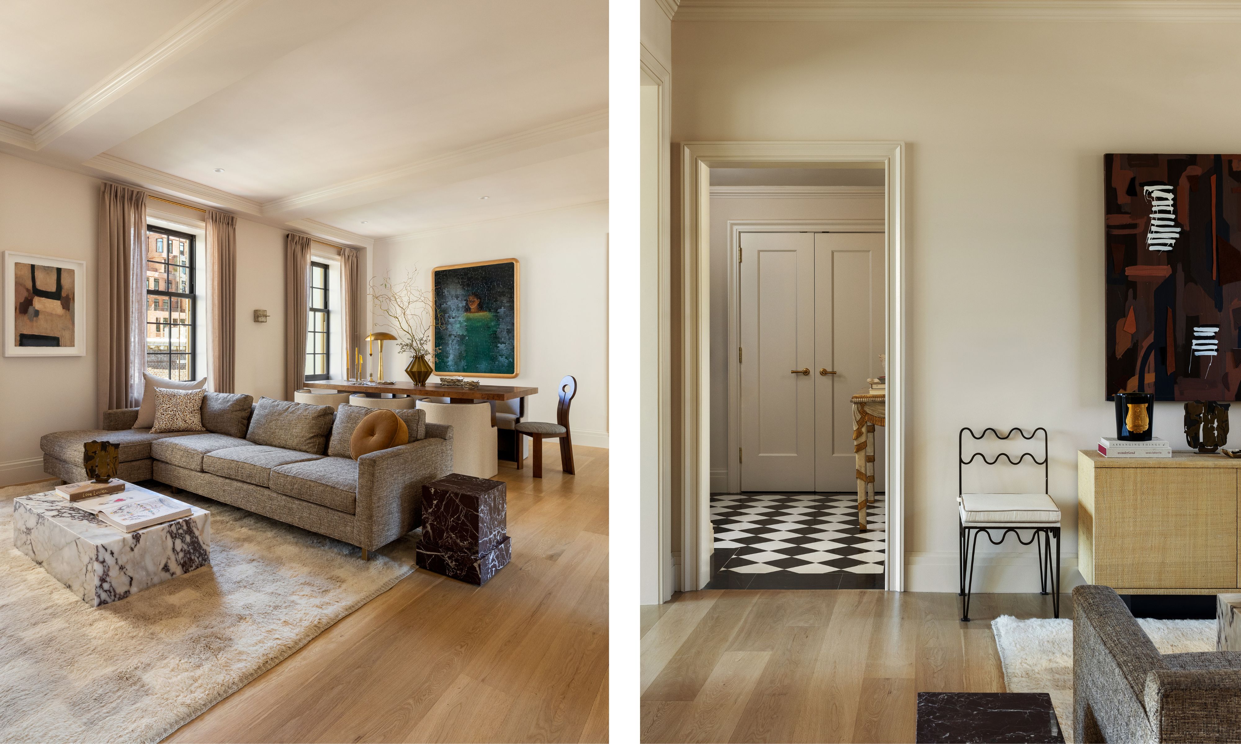 two shots next to each other of the same living room from different angles. On the left, a gray sofa on a cream rug, on the right, a black chair against the wall