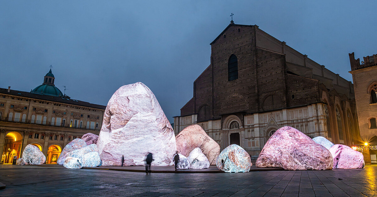 ENESS installs inflatable boulders in bologna's piazza maggior