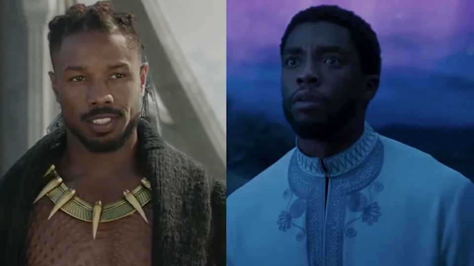 Michael B. Jordan looking fierce as Killmonger and Chadwick Boseman in the Ancestral Plane.