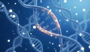 An illustration of blue double-helix strands of DNA surrounded by white bubbles against a blue background. The strand in the foreground closest to the viewer has a middle section lit up in golden light.