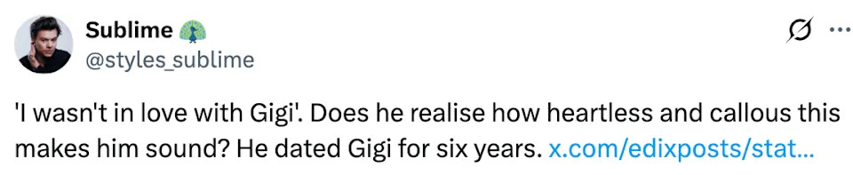 Tweet discussing a person's lack of love for Gigi and questioning the insensitivity of the statement given a six-year relationship