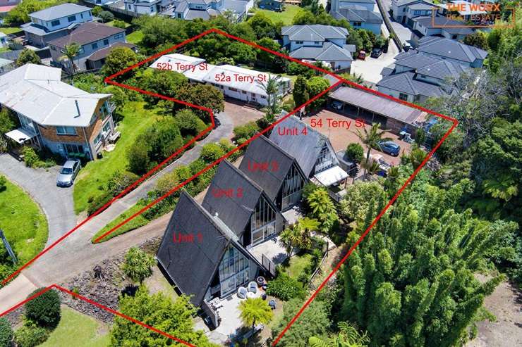Four A-frames have hit the market for sale in Auckland's Blockhouse Bay. They are the work of 98-year-old investor Colin Watson. Photo / Supplied