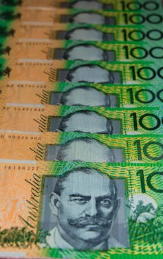 A close-up of Australian $100 notes