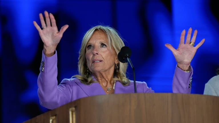 First Lady Jill Biden checks out the stage before the Democratic National Convention Monday