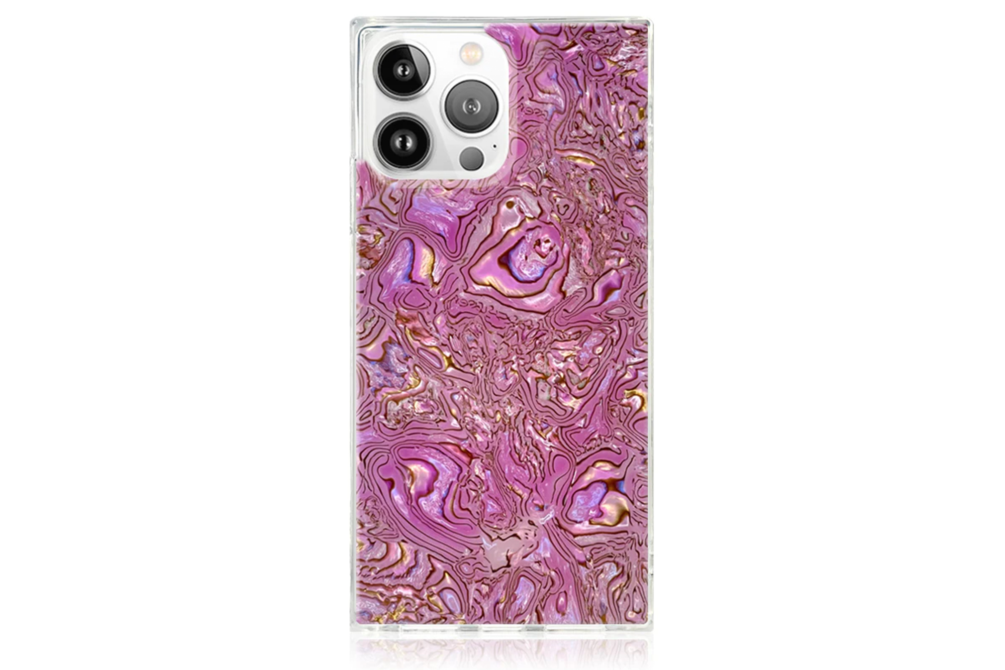 A phone case featuring a pink abalone shell pattern.