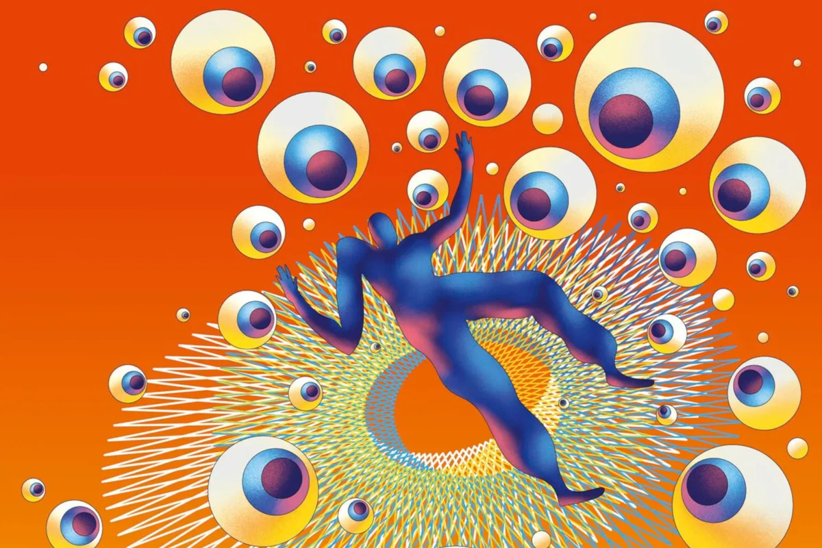 Illustration of a person falling into a void while many eyes are on them