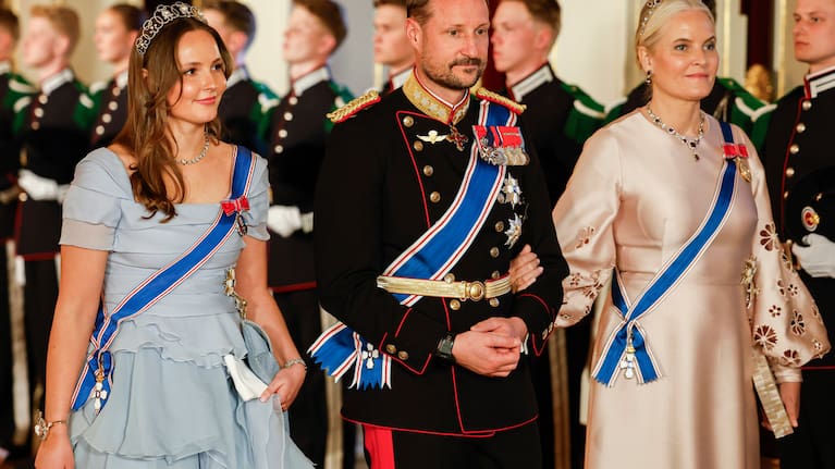 From left, Norway's Princess Ingrid Alexandra, left, Crown Prince Haakon and Crown Princess Mette-Marit on their way to a gala dinner at the Palace in Oslo, Tuesday, April 8, 2025 (file image).