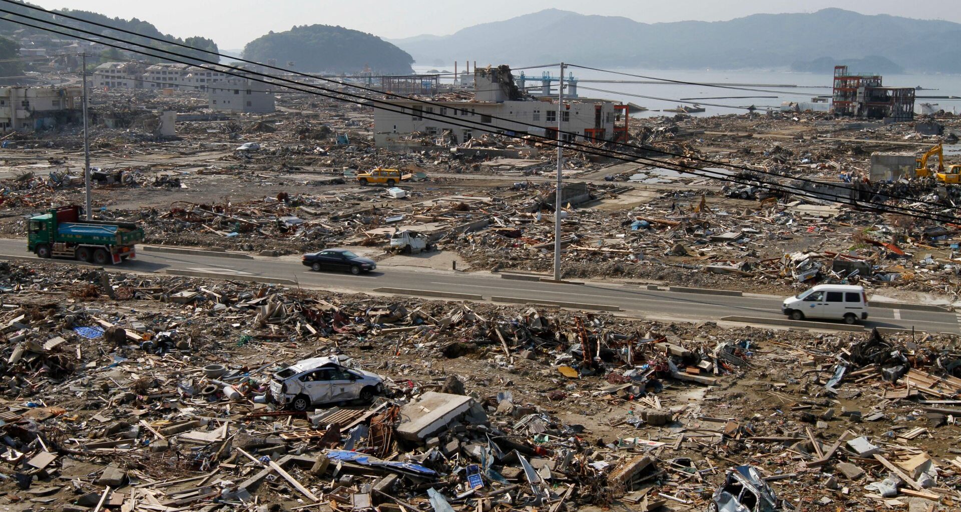 Devastated buildings along the shoreline