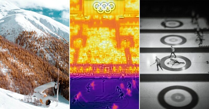 Three images side by side: a skier performing a flip on a snowy mountain, a thermal view of an Olympic hockey game, and an overhead view of people playing curling on an ice rink.