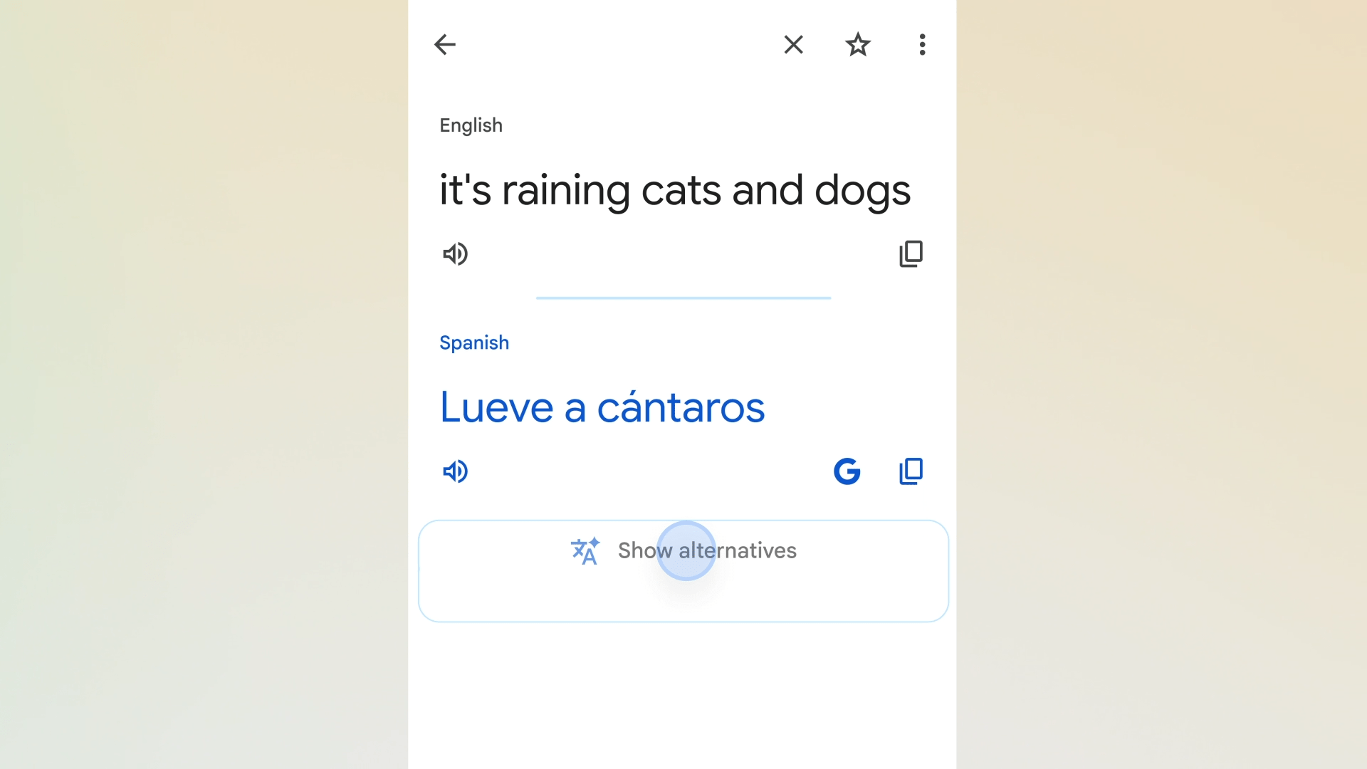 A screenshot of Google Translate with a new “show alternatives” button.