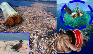 Collage showing plastic pollution in the ocean, including a sea turtle entangled in fishing net and hermit crabs using plastic as shelter