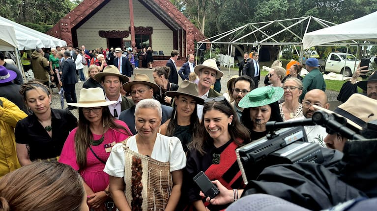 Green Party co-leaders Marama Davidson and Chlöe Swarbrick hold a media conference at Waitangi.