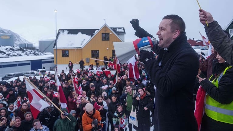 Greenlandic Prime Minister Jens-Frederik Nielsen speaks during a protest against Trump's policy towards Greenland in front of the US consulate in Nuuk, Greenland, Saturday, January 17, 2026.